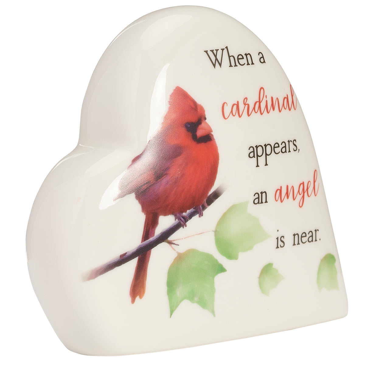 Front angled view of Cardinal Memorial Heart Musical Keepsake showing the cardinal artwork and remembrance message