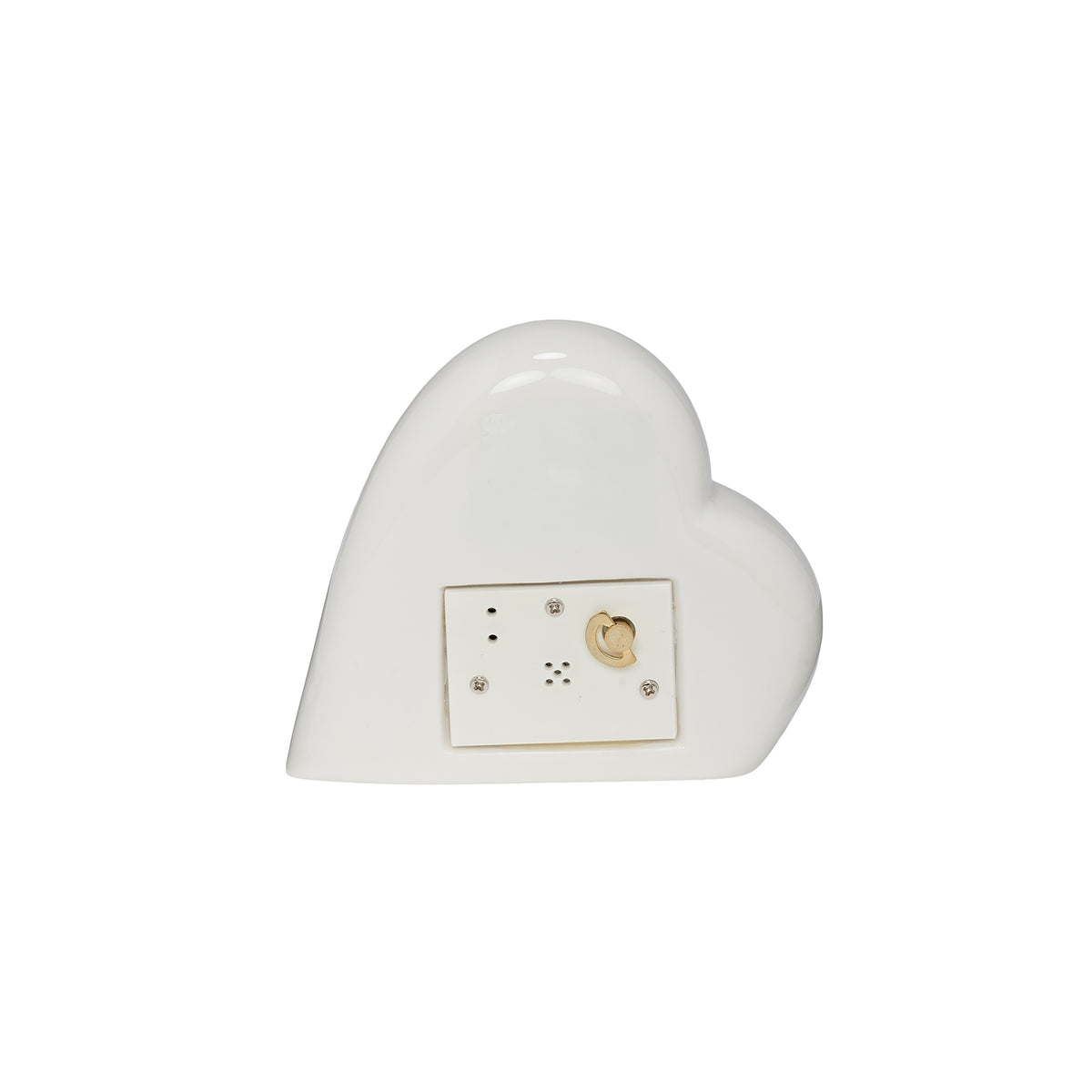 Back view of Gone But Not Forgotten musical memorial heart showing the wind-up music mechanism