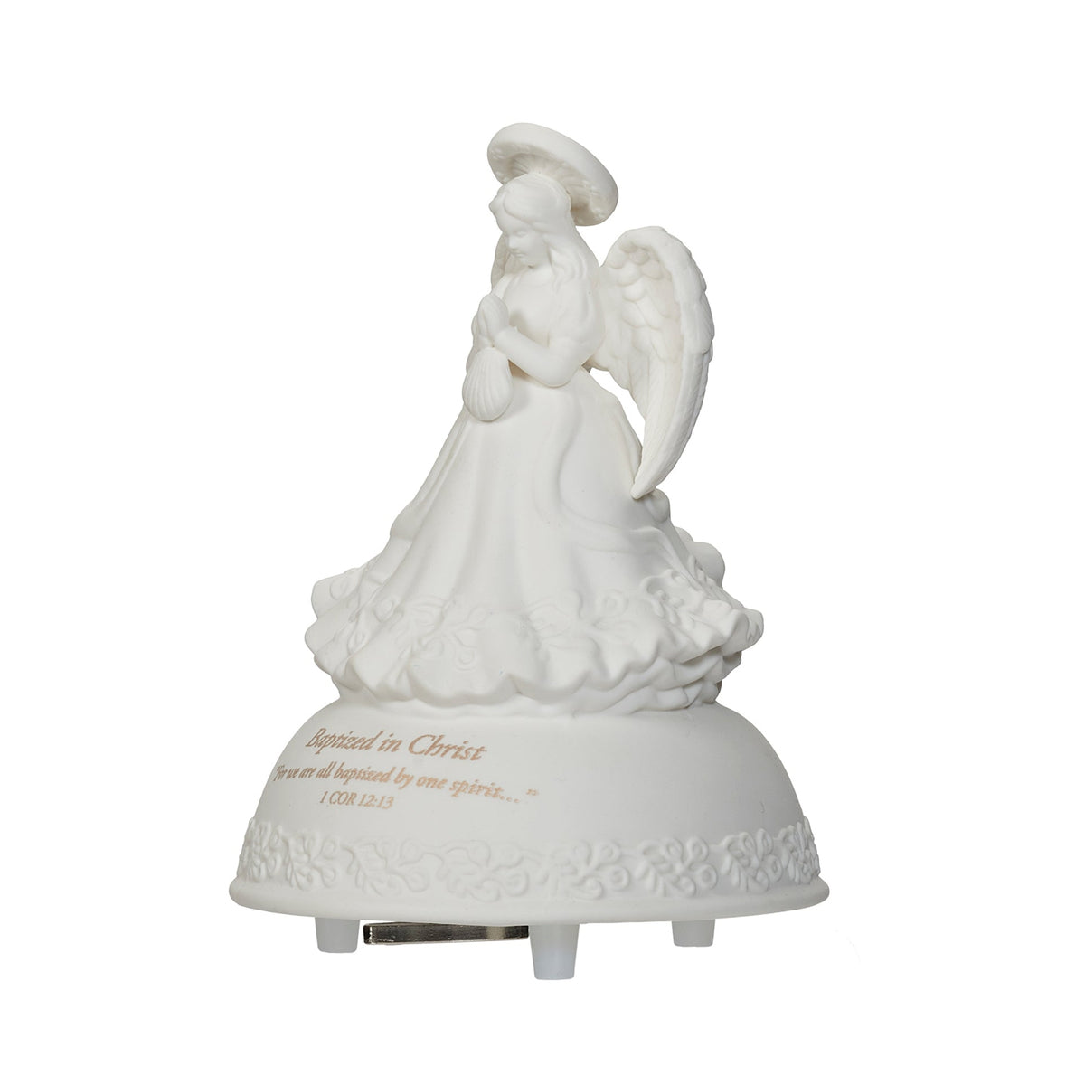 Side view of Baptized in Christ Porcelain Musical Angel showing the flowing gown, feathered wings, halo, and rounded musical base