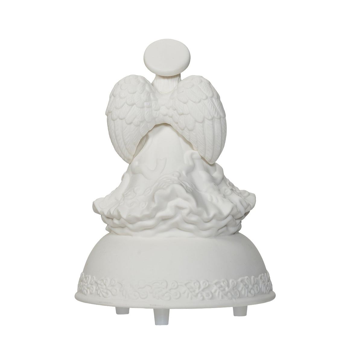Back view of Baptized in Christ Porcelain Musical Angel showing the sculpted wings, halo, flowing porcelain gown, and decorative base