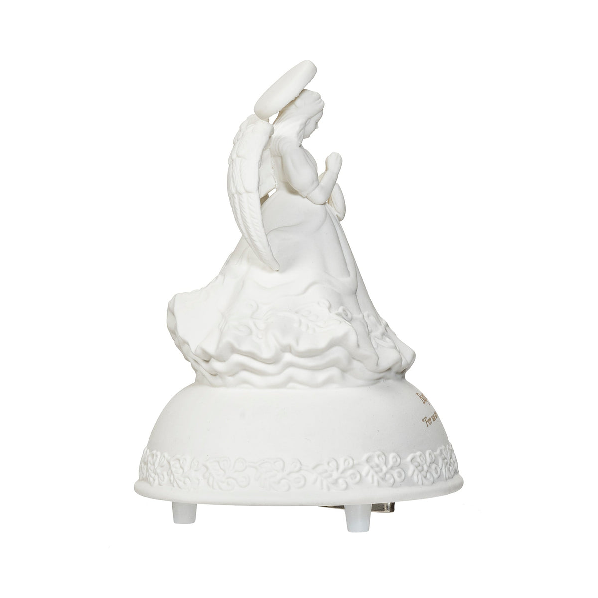 Opposite side view of Baptized in Christ Porcelain Musical Angel showing the prayerful pose, layered wings, flowing gown, and musical base