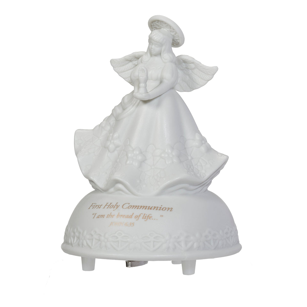Rear angled view of Bread of Life First Communion Musical Angel showing the angel's wings, flowing gown, and rounded musical base