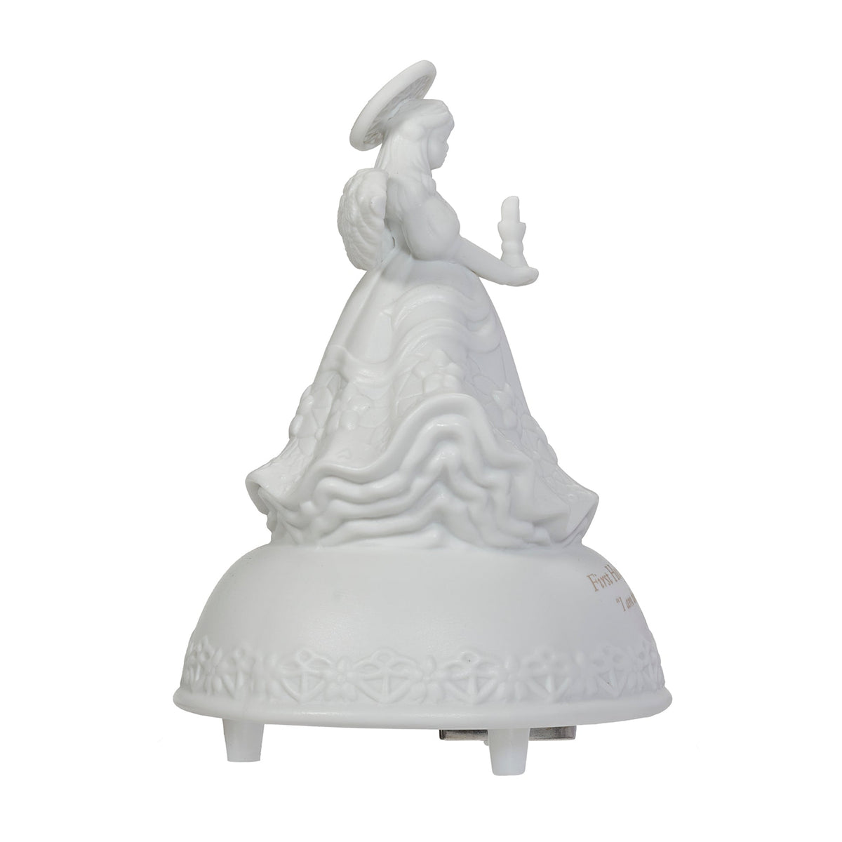 Side view of Bread of Life First Communion Musical Angel showing the angel holding the chalice with detailed wings and flowing gown