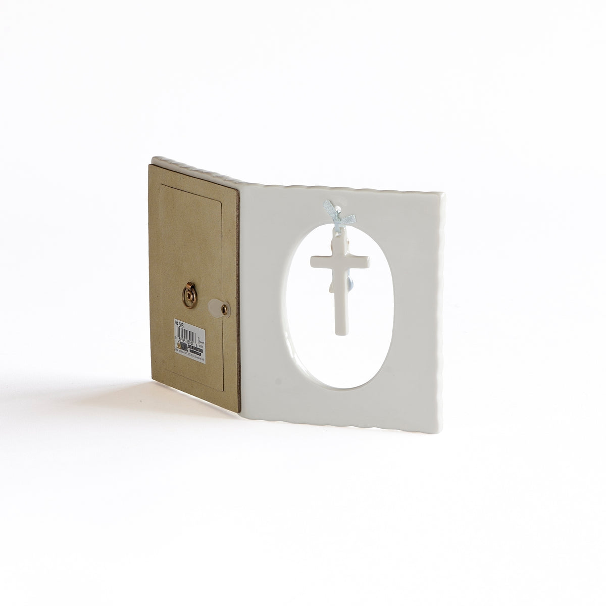 Opposite back angled view of blue Hanging Cross & Praying Child Keepsake Picture Frame showing the hinged keepsake design