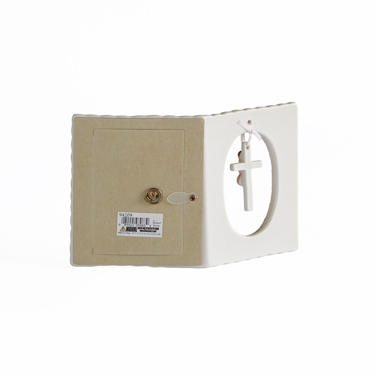 Back angled view of pink Hanging Cross & Praying Child Keepsake Picture Frame showing the hinged frame and rear photo backing