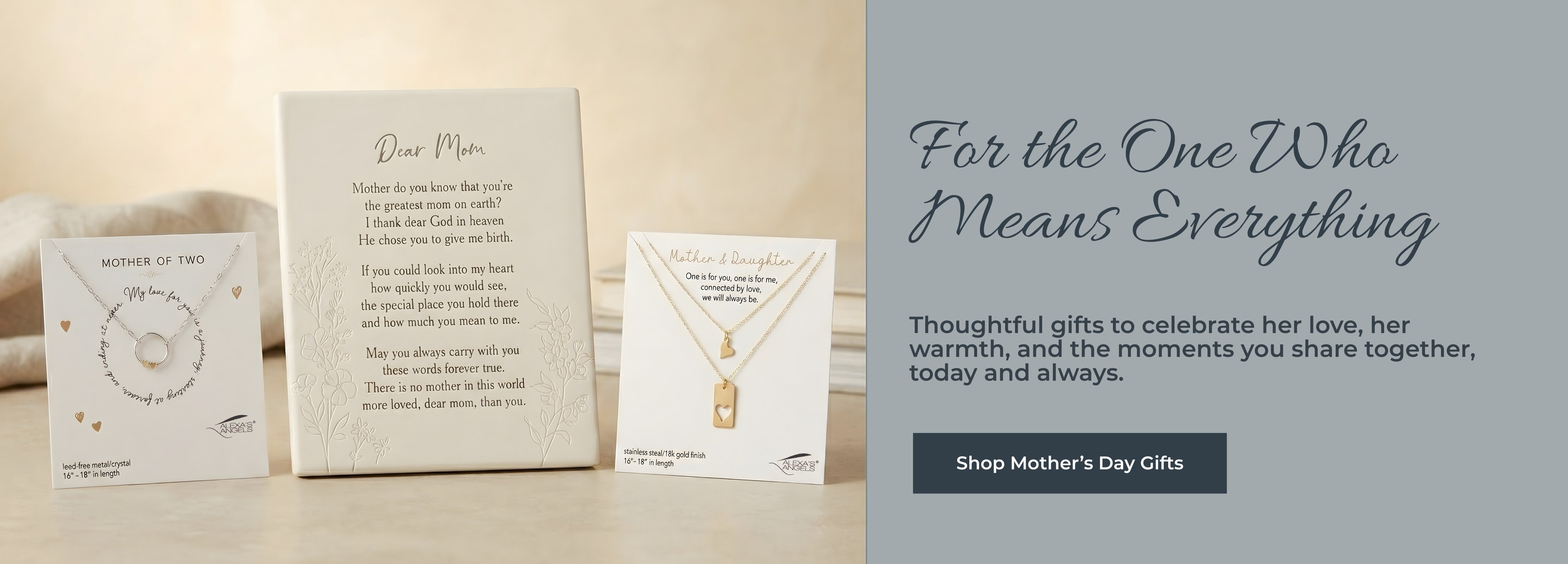 Three cards with jewelry images and text on a beige background, with a promotional message on the right.