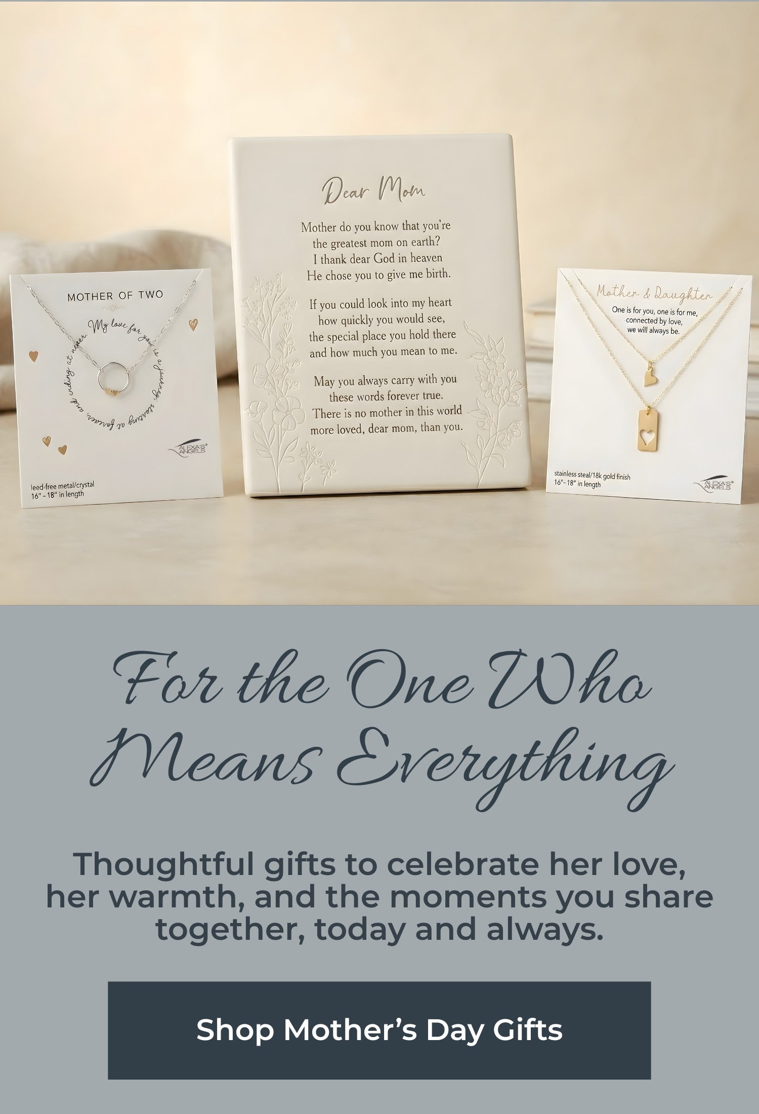 Card with necklace and poem on a beige background, promoting Mother's Day gifts.