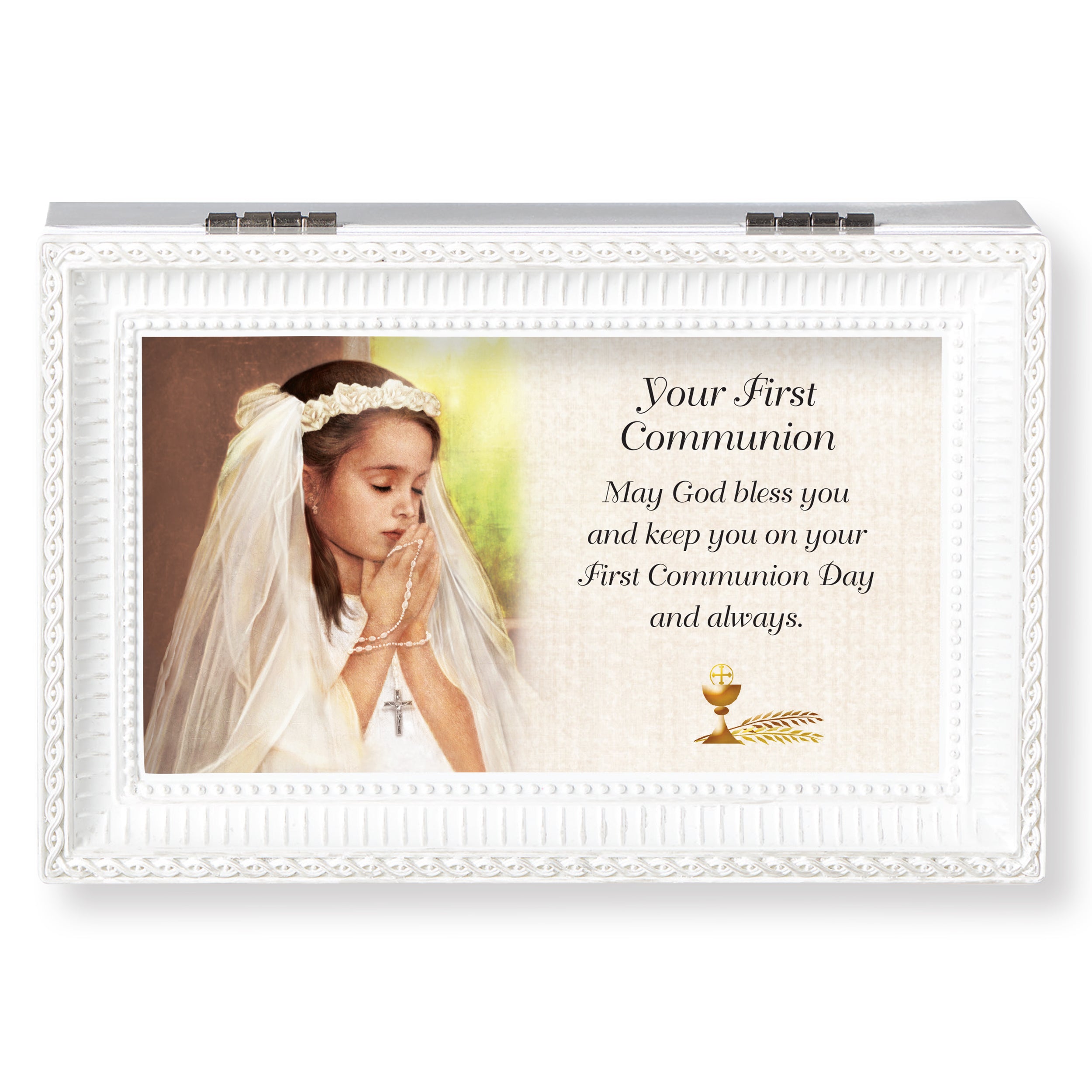 First Communion Girl's Music Box with Blessing Message - "Jesus Loves Me" Tune