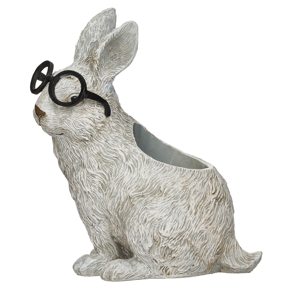 Side view of Pudgy Pals Rabbit with Glasses Planter showing the rabbit profile, black glasses, and open planter cavity