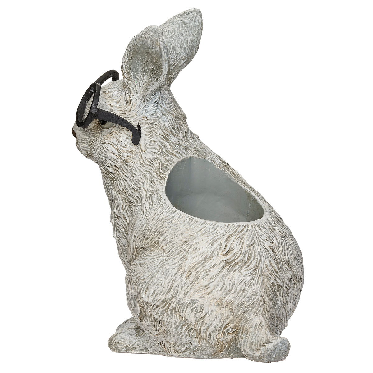 Rear angled view of Pudgy Pals Rabbit with Glasses Planter showing the planter opening, sculpted fur, and upright ears