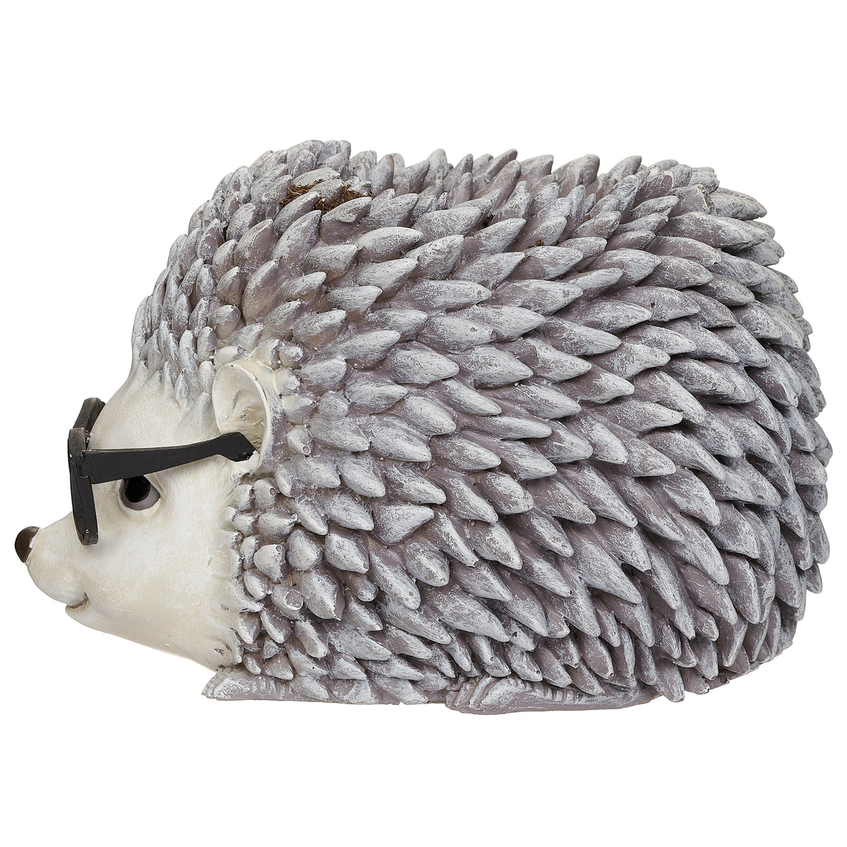 Side view of Pudgy Pals Hedgehog with Glasses Planter showing the rounded body, sculpted quills, and planter opening