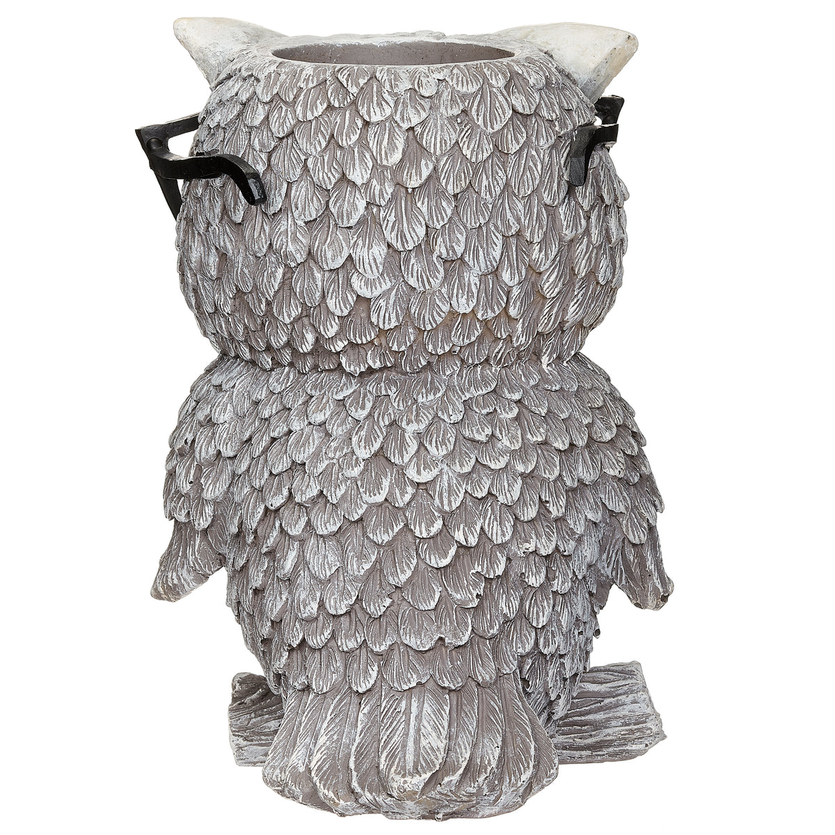 Back view of Pudgy Pals Owl with Glasses Planter showing the layered feather texture and open planter cavity