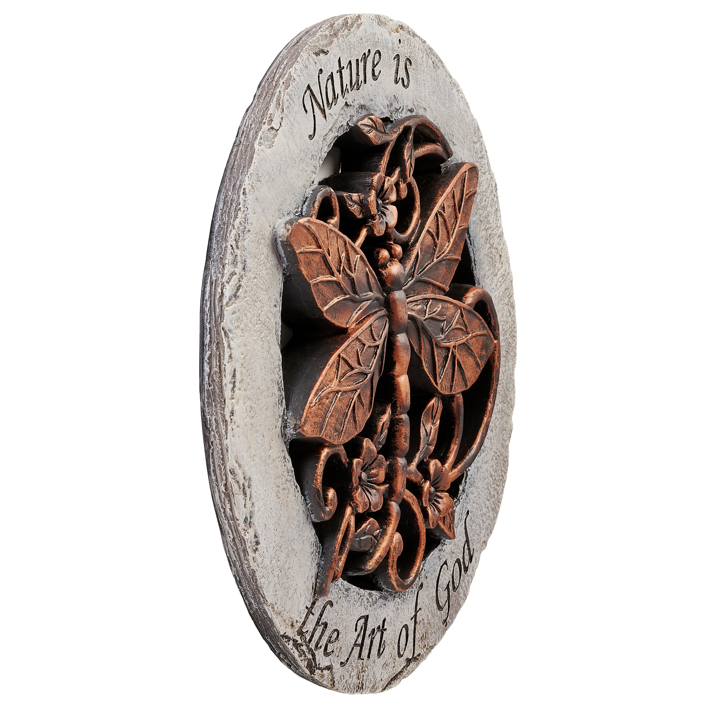 Decorative stone with butterfly and floral design, featuring text on a white background