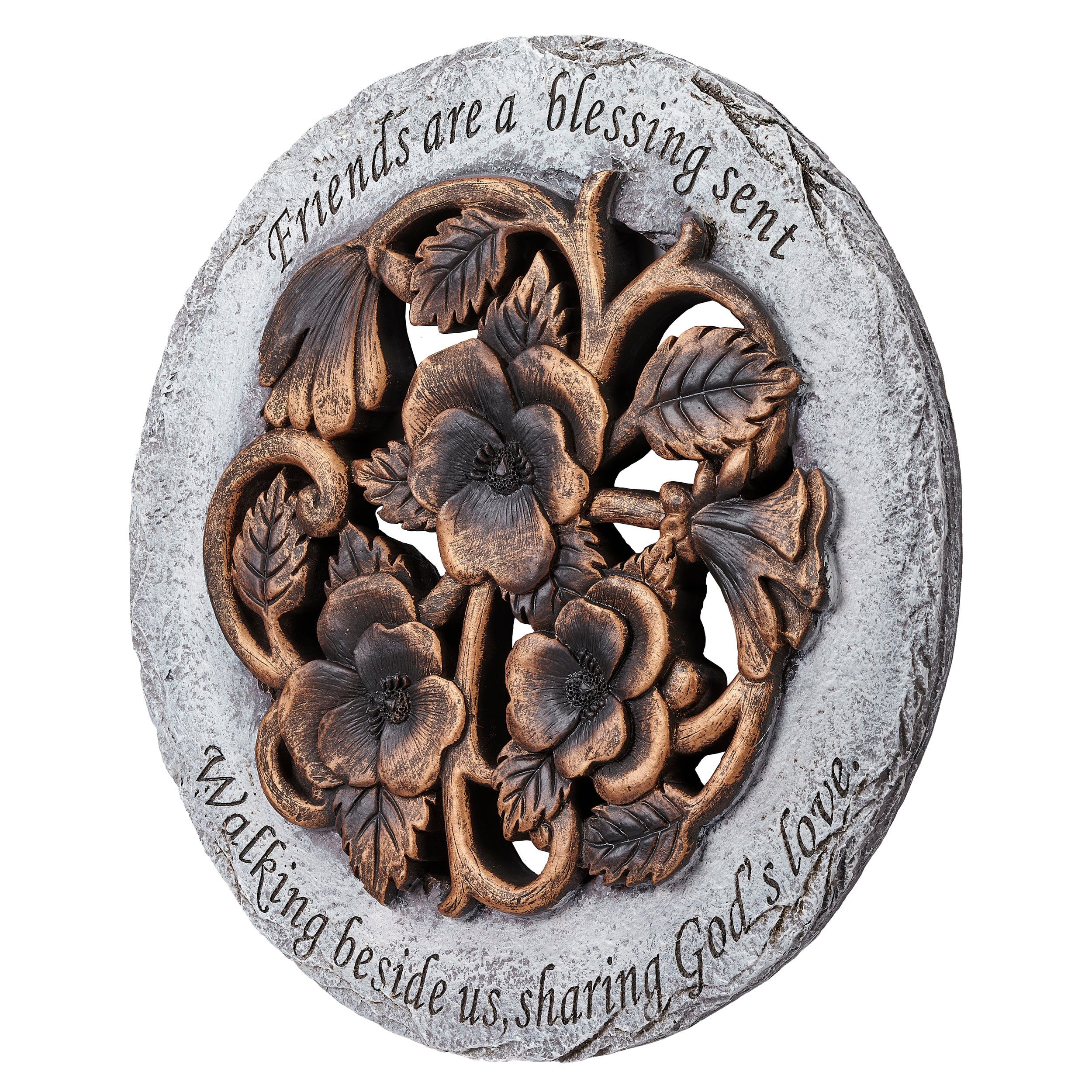 Decorative stone with floral design and engraved text on a white background