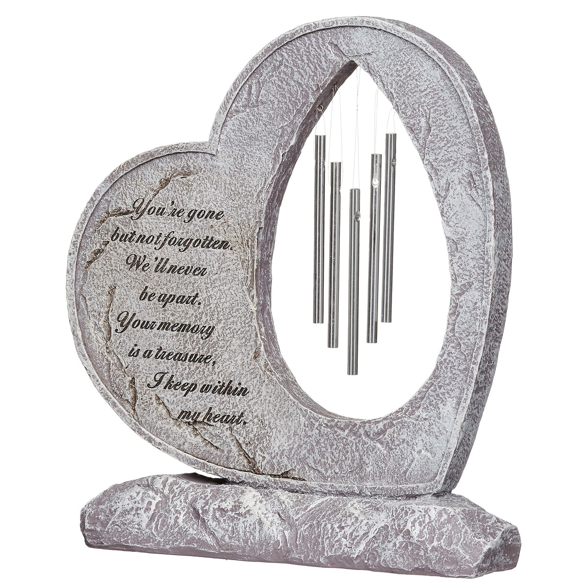 Front view of "Gone but Not Forgotten" Memorial Wind Chime showing the heart-shaped frame, engraved message, and hanging silver chimes