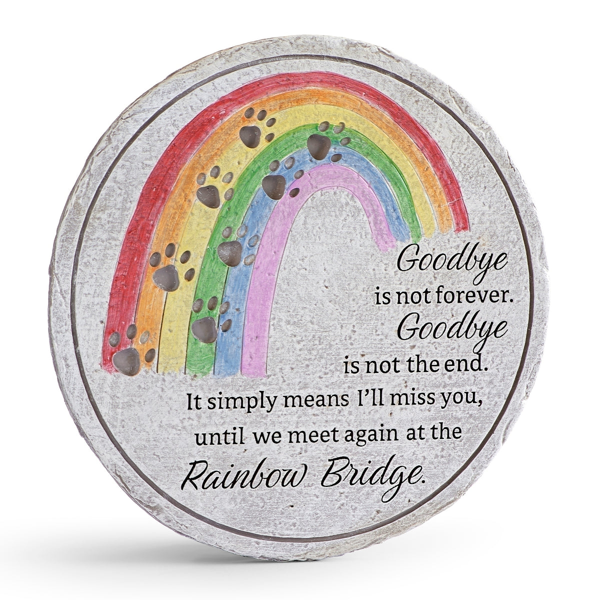 Front view of Rainbow Bridge Pet Memorial Garden Stone with colorful rainbow and paw prints