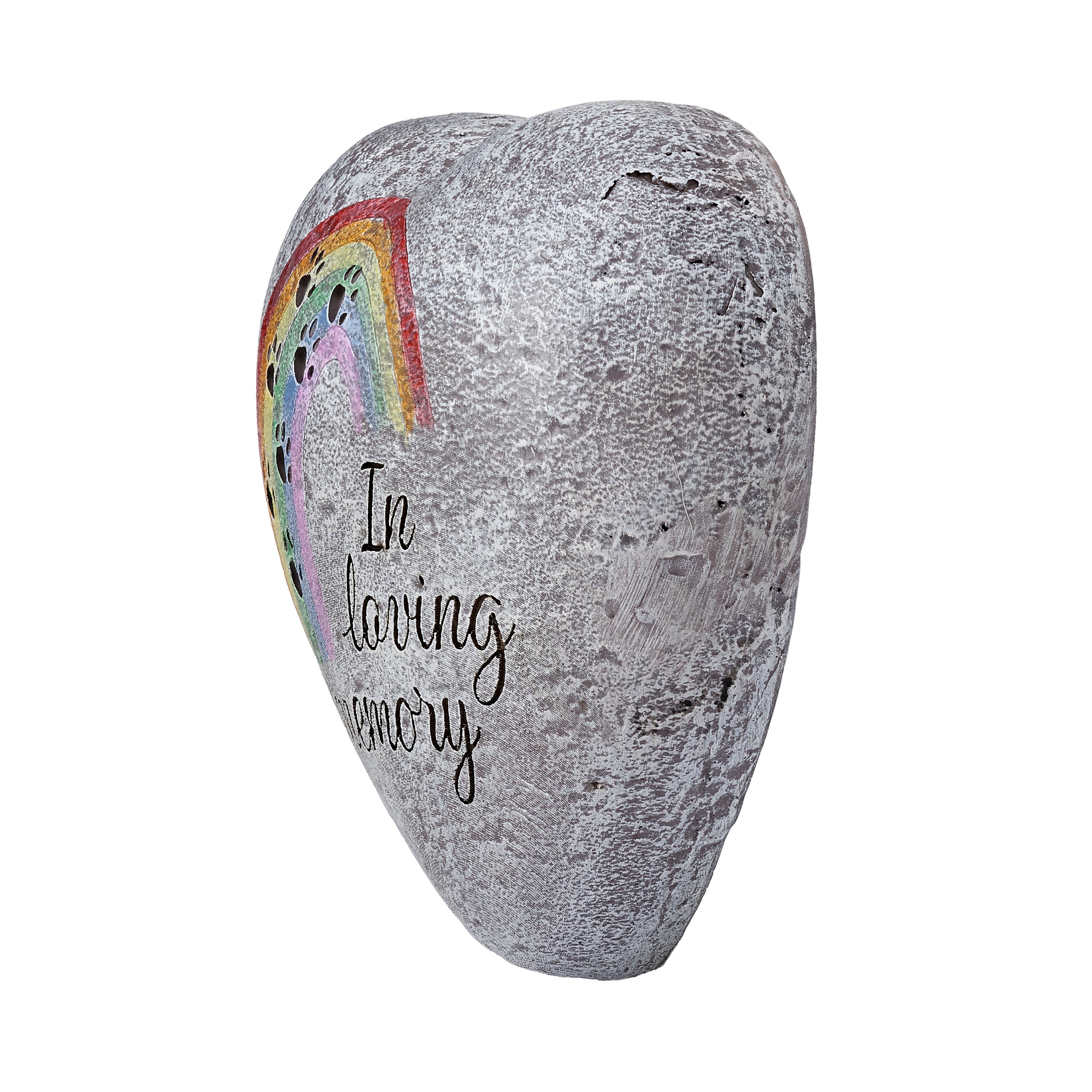 Heart shaped garden stone with rainbow and paw prints with "in loving memory" script
