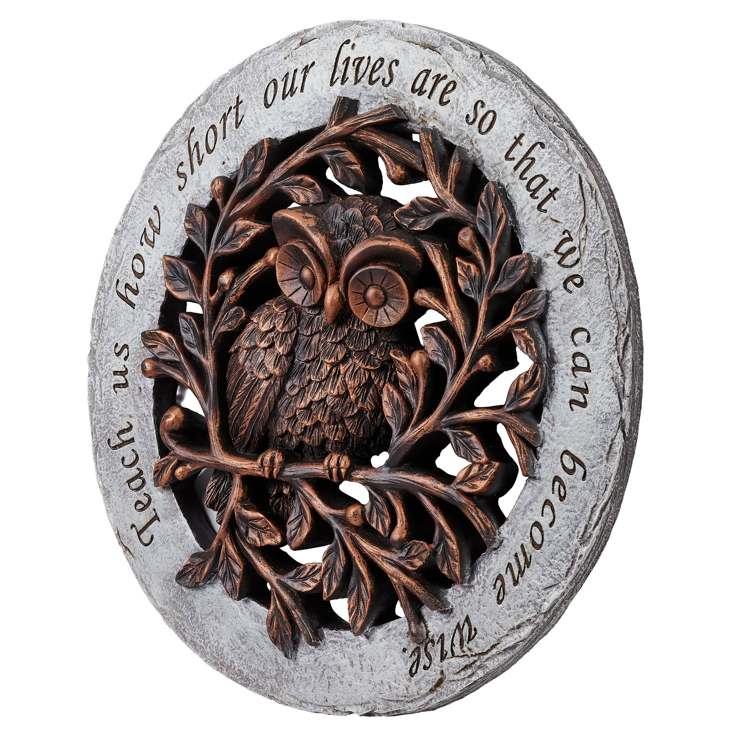 Decorative plaque with owl design and engraved text on a white background