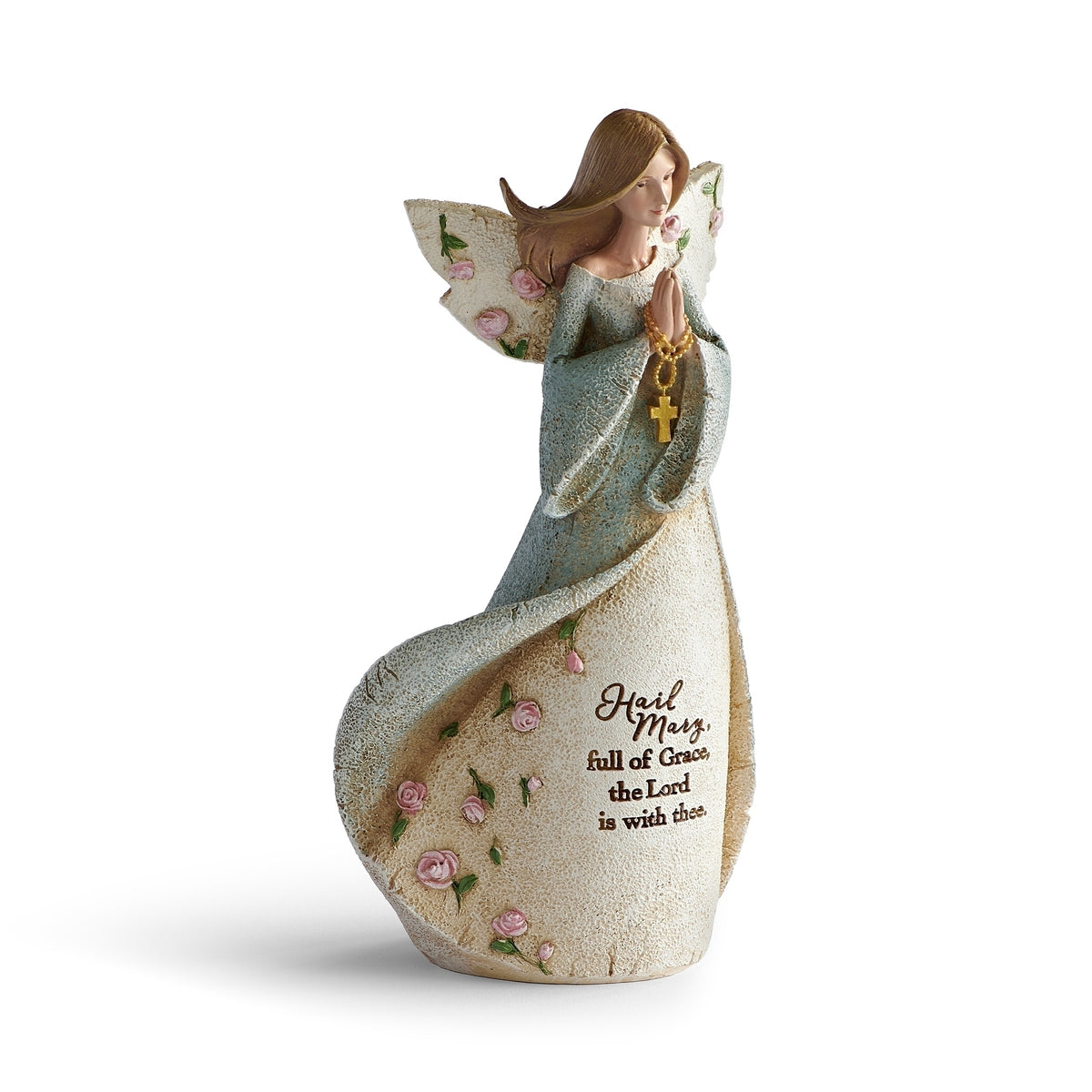 Angled view of Karen Hahn Hail Mary Angel showing Hail Mary prayer inscription and flowing gown