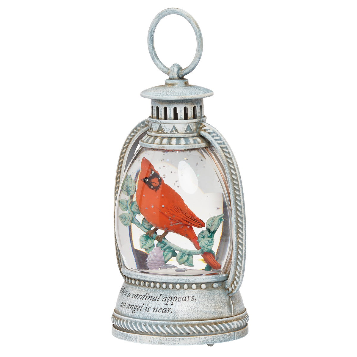 Front angled view of Lighted Cardinal Memorial Shimmer Lantern showing the red cardinal, decorative frame, and hanging ring