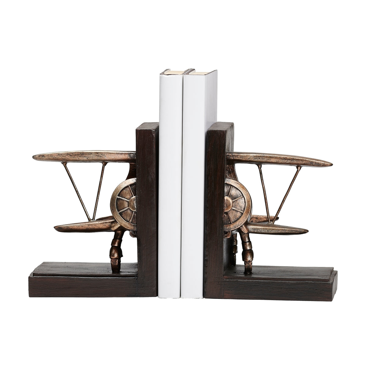 Front view of biplane bookends holding books between upright brown panels, with airplane wings extending outward.