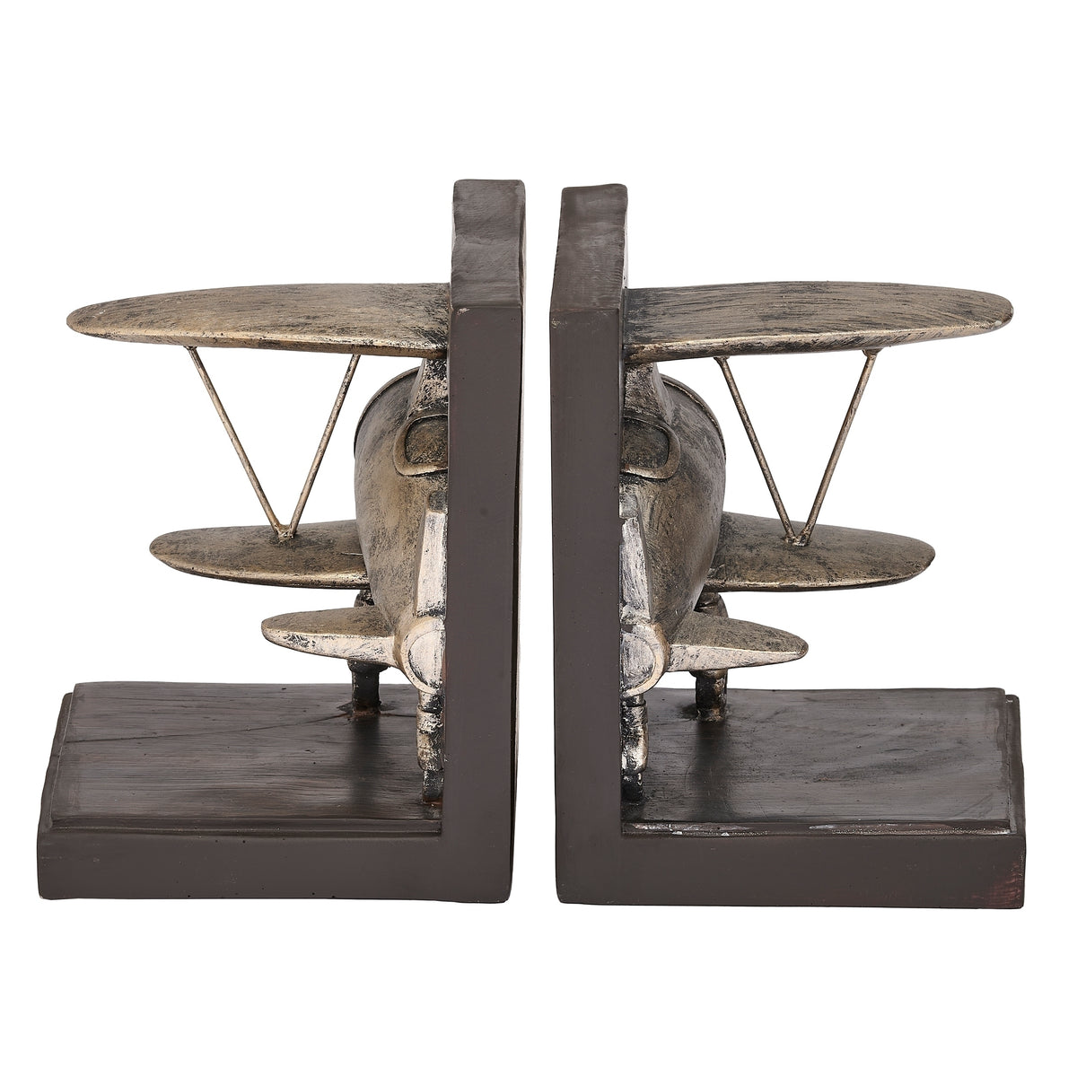 Biplane bookends displayed together without books, showing stacked wings and dark rectangular bases.
