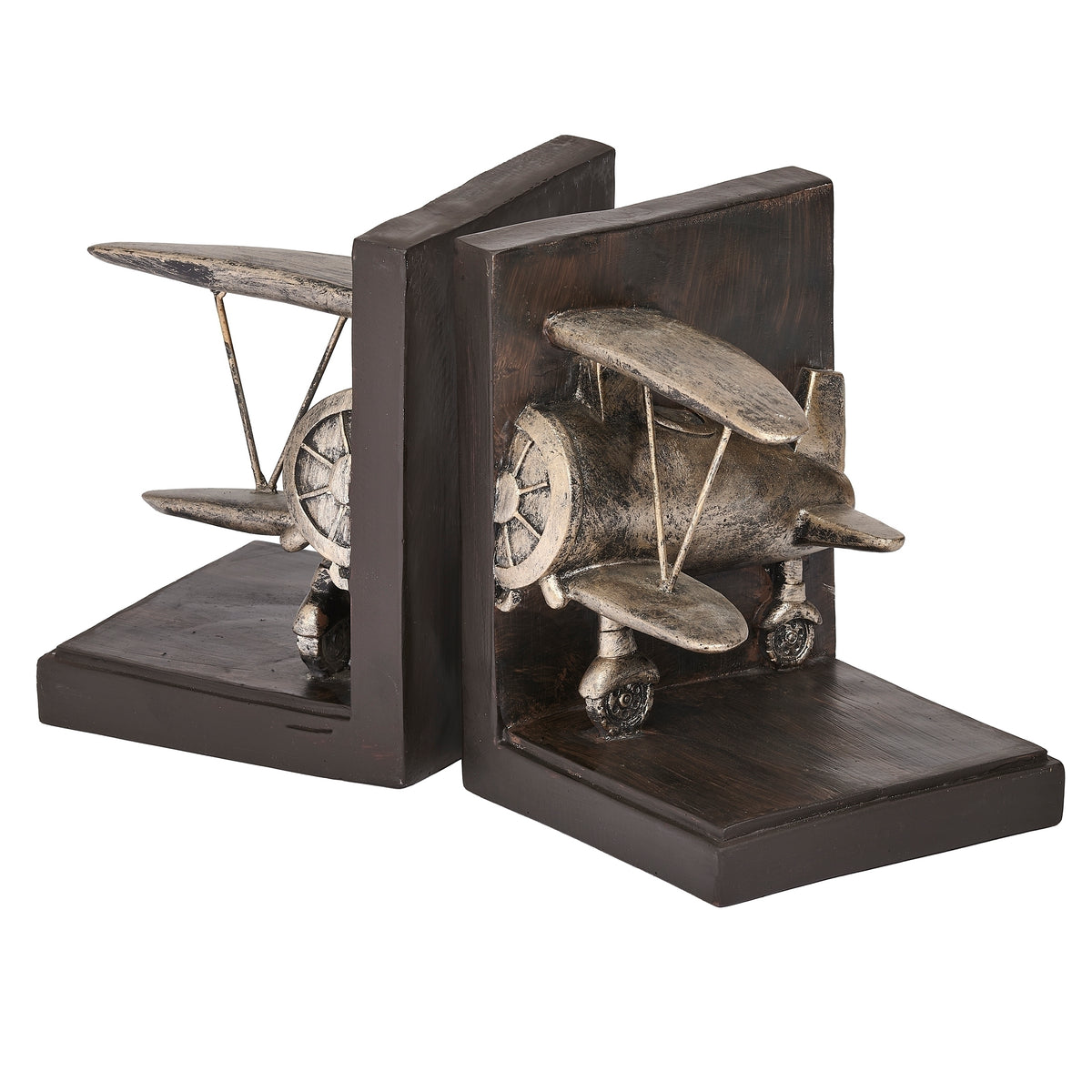 Angled view of biplane bookends showing propeller details, wing supports, and upright panels.