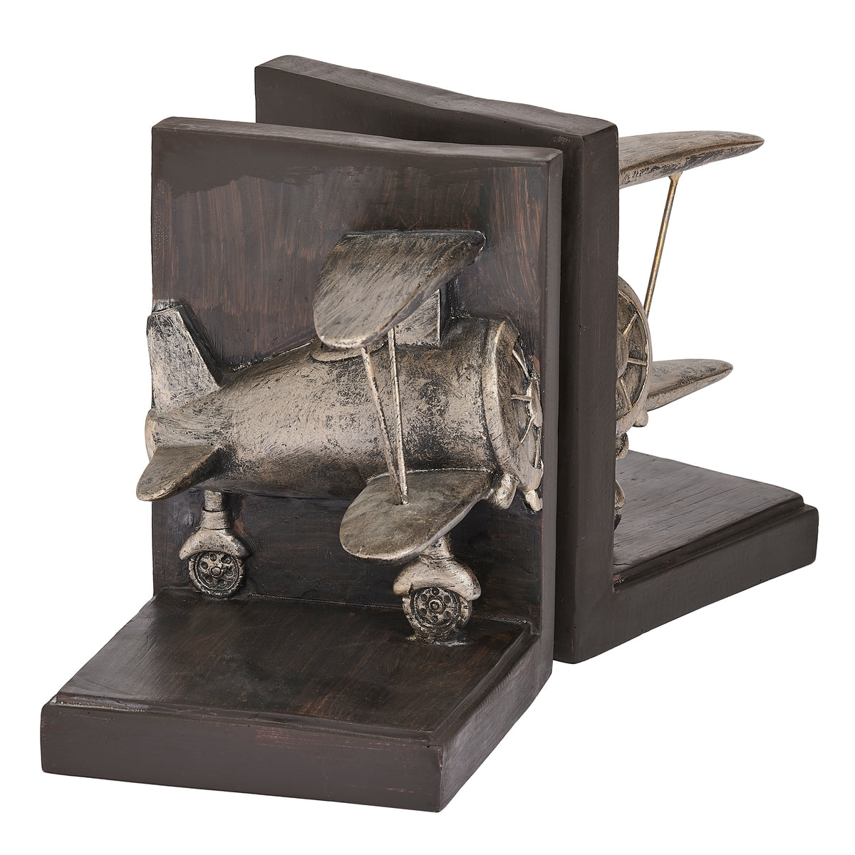 Opposite angled view of biplane bookends showing the airplane details and dark brown bases.