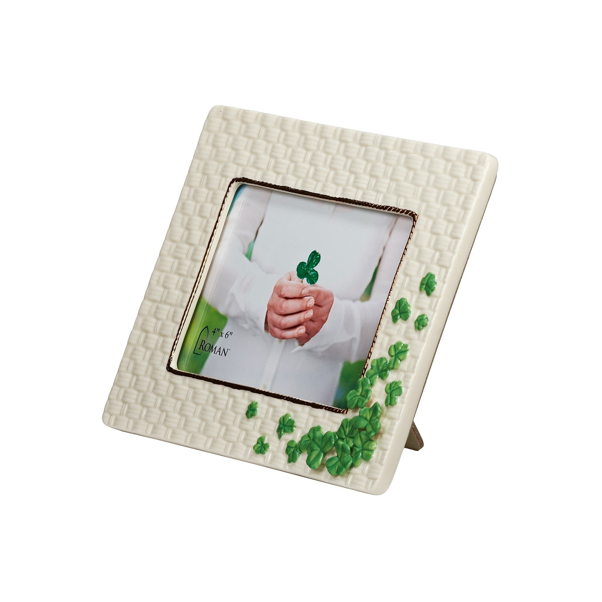 Front angled view of Irish Shamrock Picture Frame showing the raised shamrock decorations and gold trim