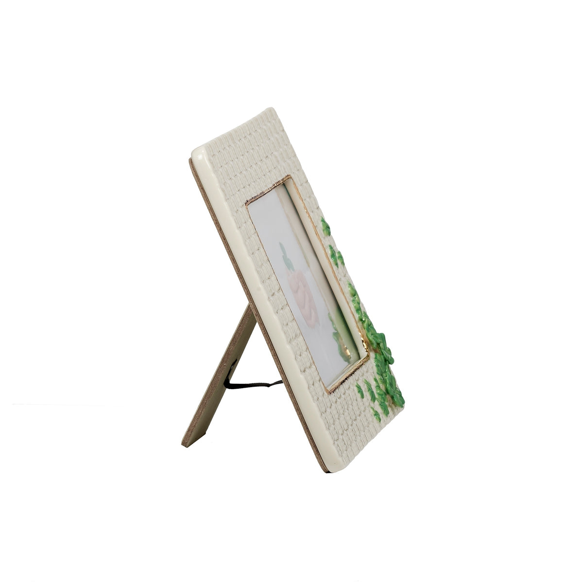 Side view of Irish Shamrock Picture Frame showing the frame depth, shamrock accents, and easel stand