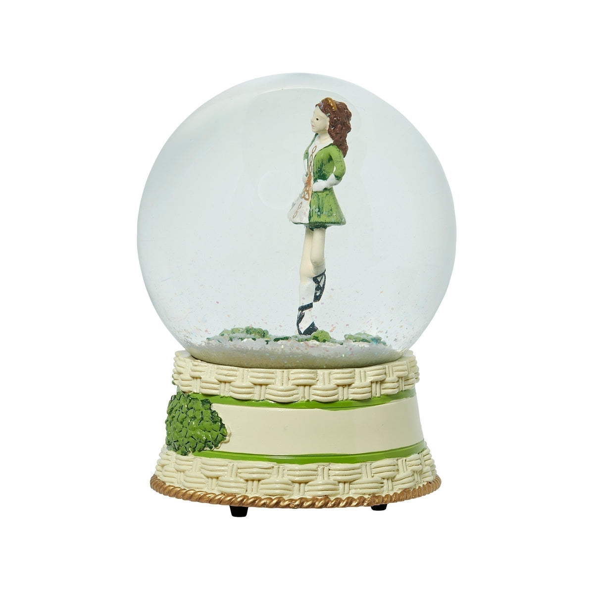 Front angled view of Glitterdome Irish Dancer showing the dancer inside the globe and green shamrock base