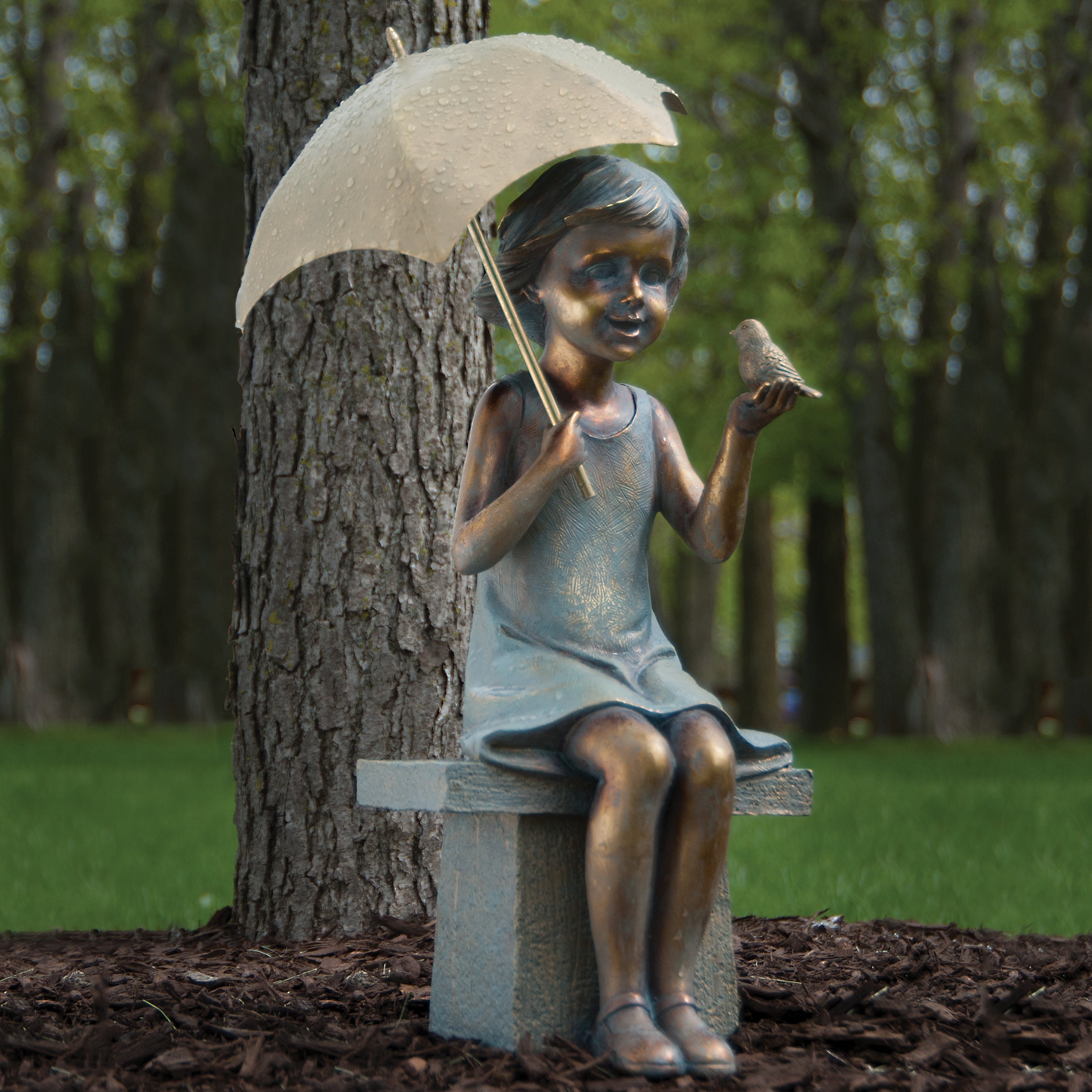 Girl with Umbrella & Bird Garden Statue