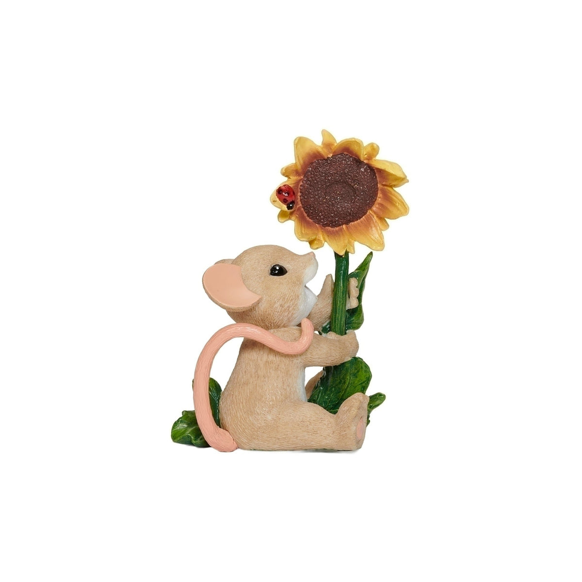 Opposite front angled view of Charming Tails You Are My Sunshine Figure showing the mouse holding the sunflower with decorative leaf details