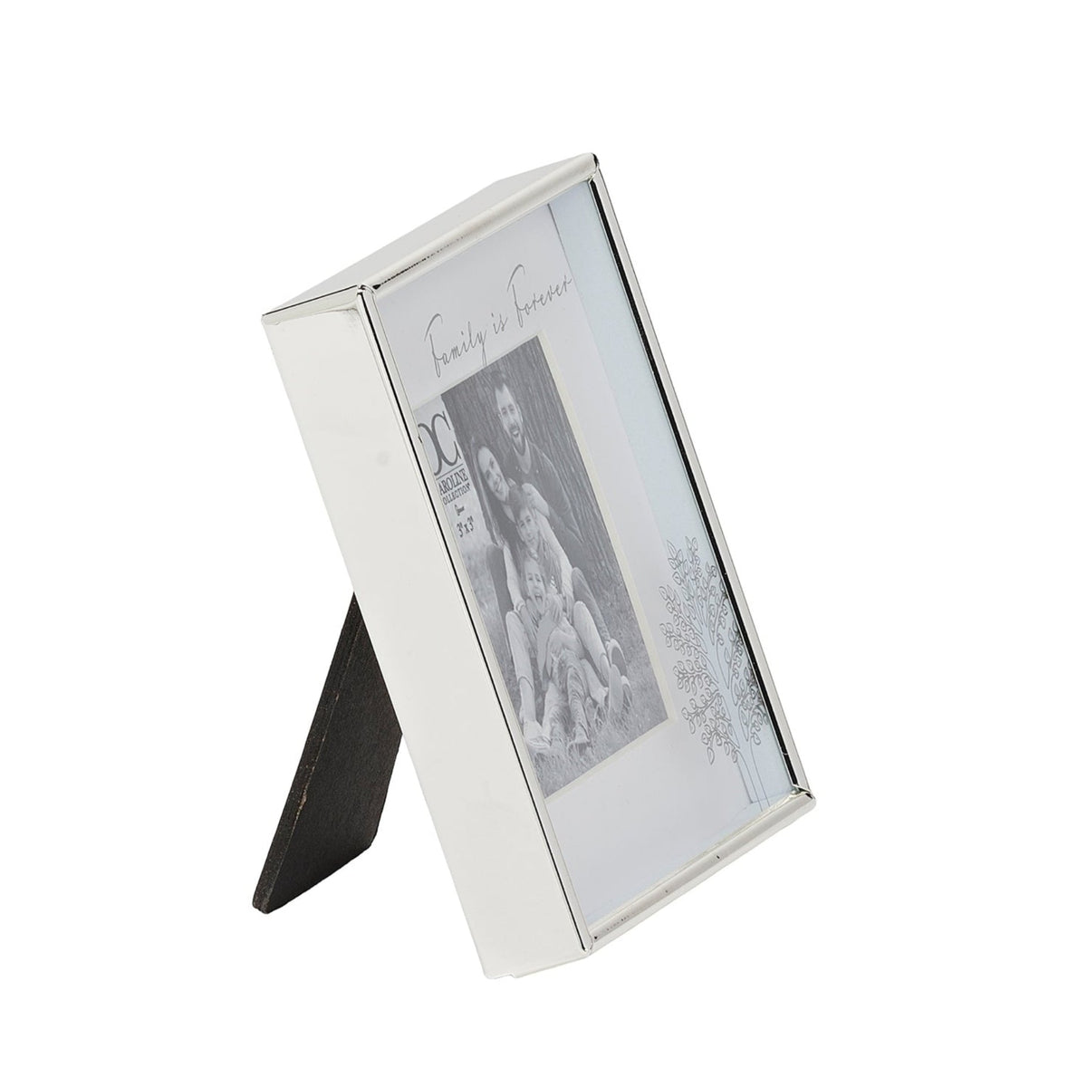 Side view of Caroline Collection Family Is Forever Picture Frame showing the slim frame profile and easel stand