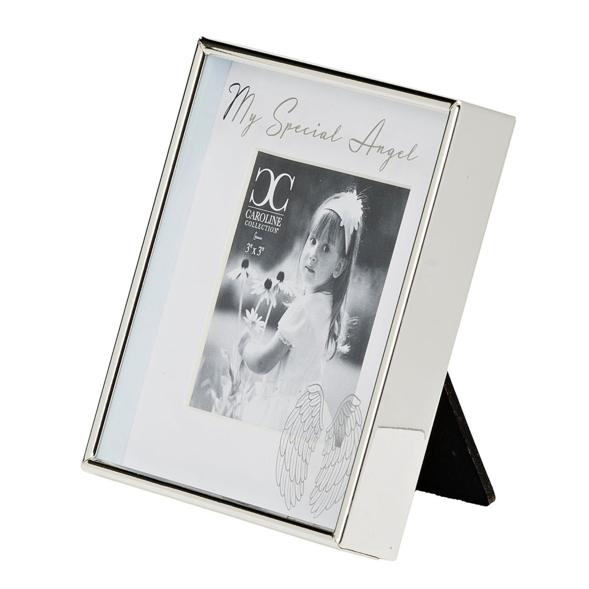 Front angled view of Caroline Collection My Special Angel Picture Frame showing the silver-tone frame, angel wing details, and tabletop easel stand