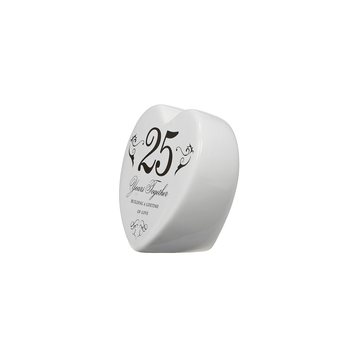 Angled front view of 25th anniversary heart keepsake showing its silver-toned lettering and rounded edges.