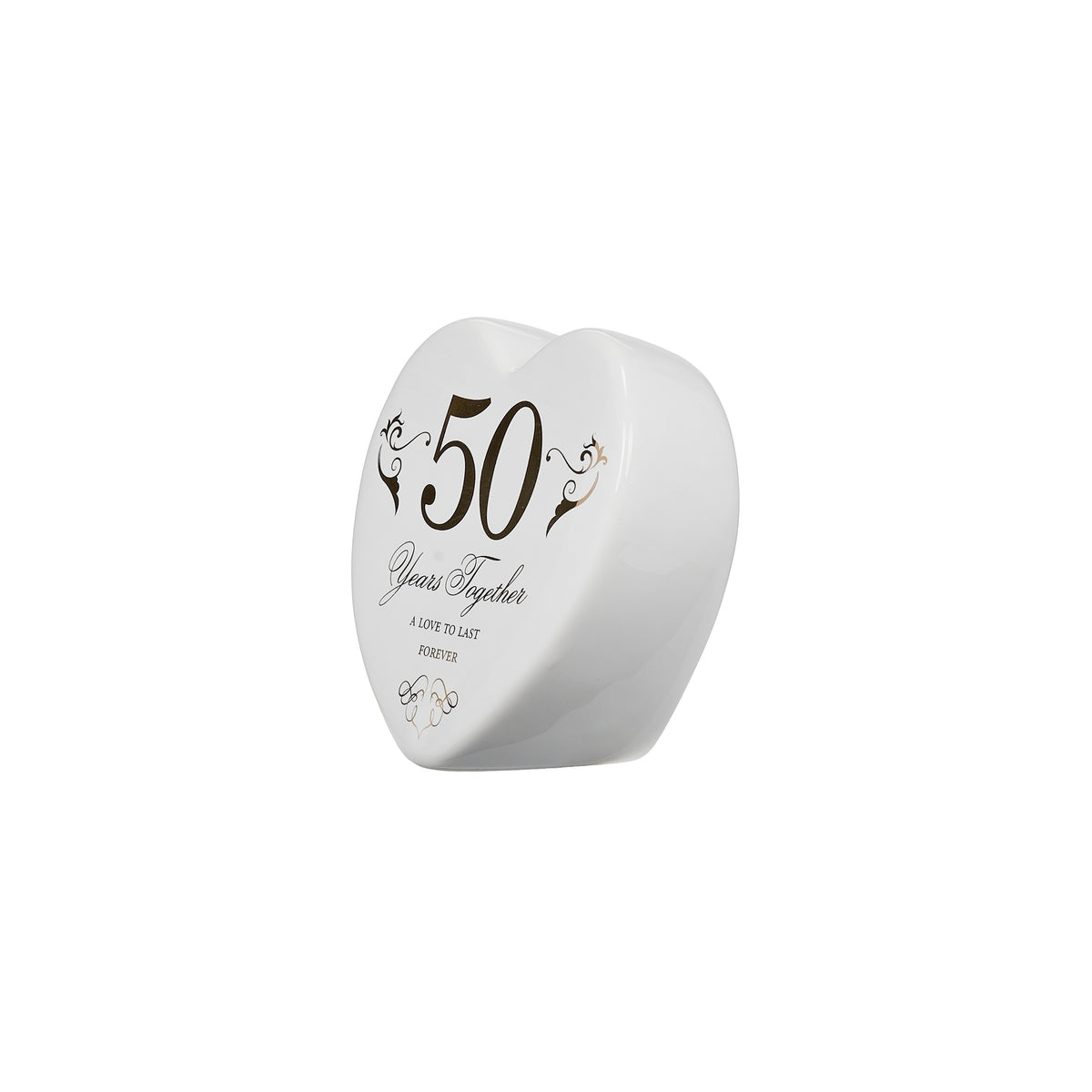 Angled front view of 50th anniversary heart keepsake showing its gold lettering and rounded edges.