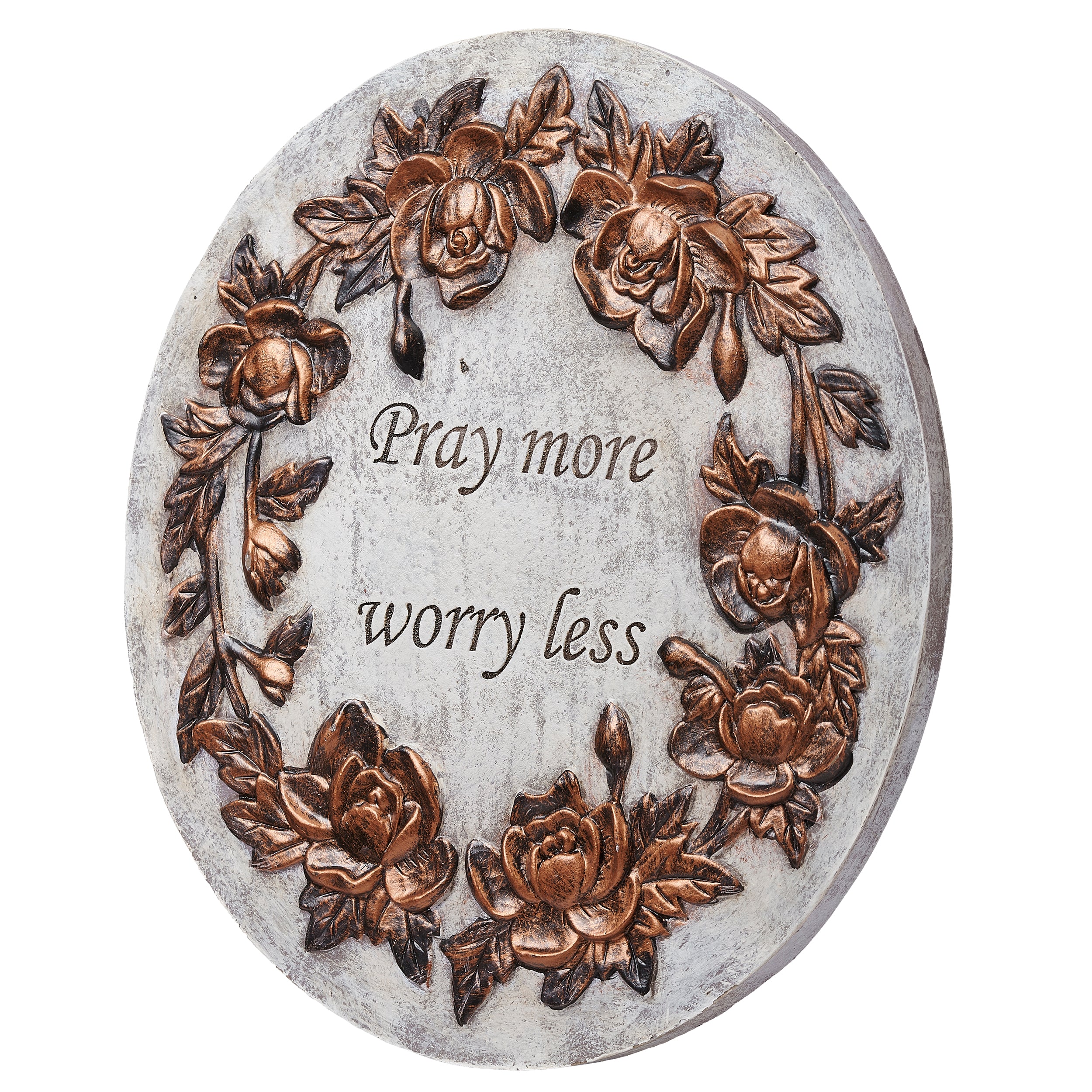 Decorative stone plaque with floral designs and the phrase 'Pray more worry less' on a white background.