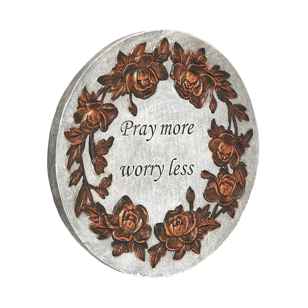 Pray more worry less floral garden stone, angled view