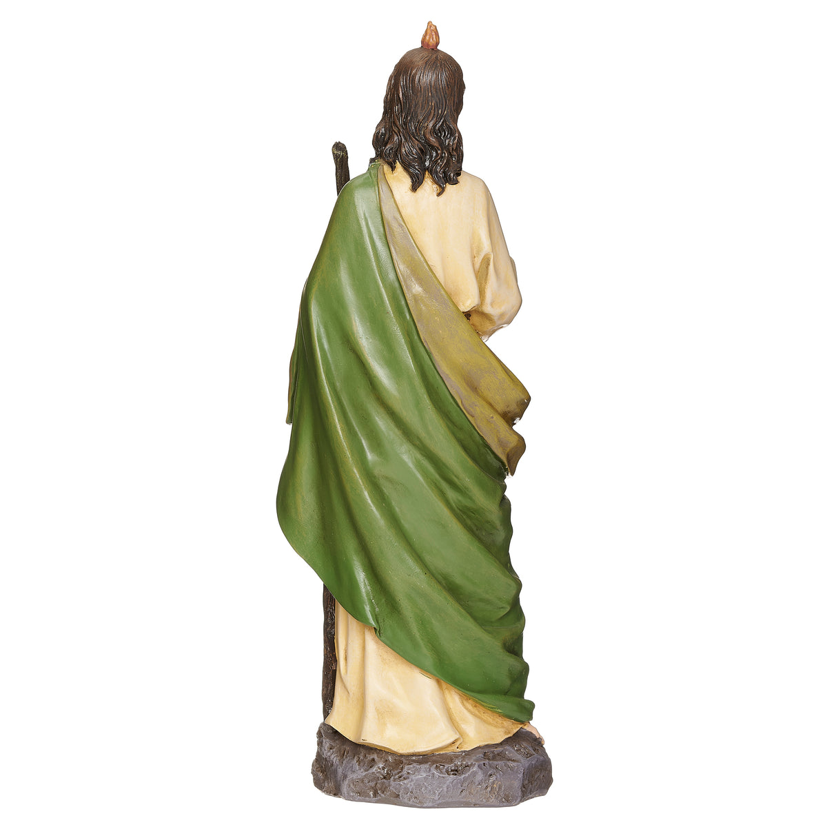 Back angled view of St. Jude Renaissance Collection Figure showing the draped green cloak and sculpted robe details