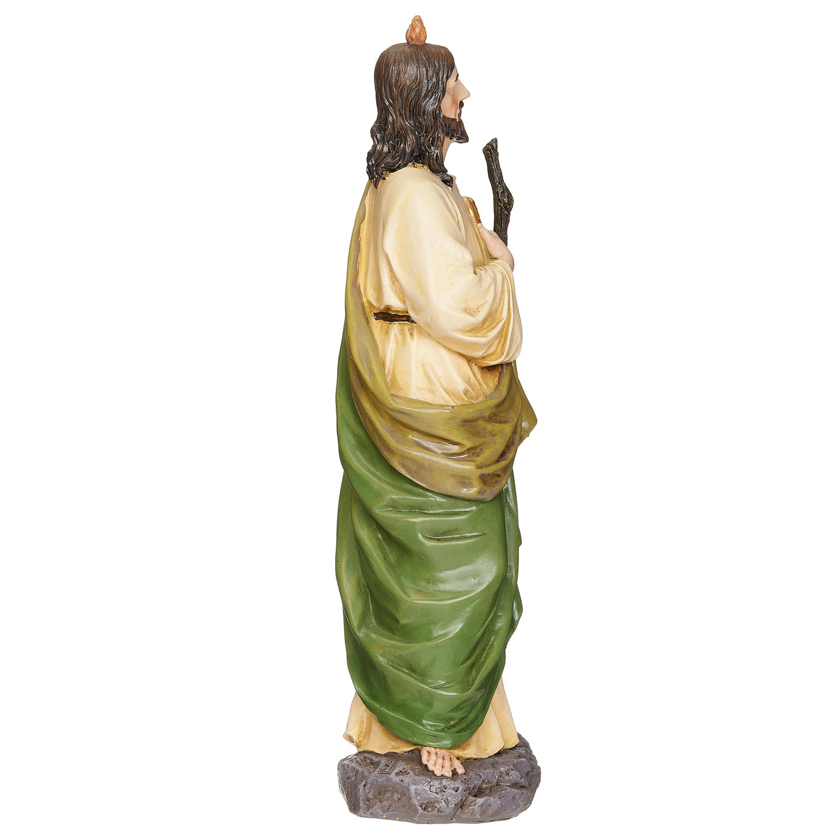 Opposite side view of St. Jude Renaissance Collection Figure showing the cream robe, green mantle, and staff