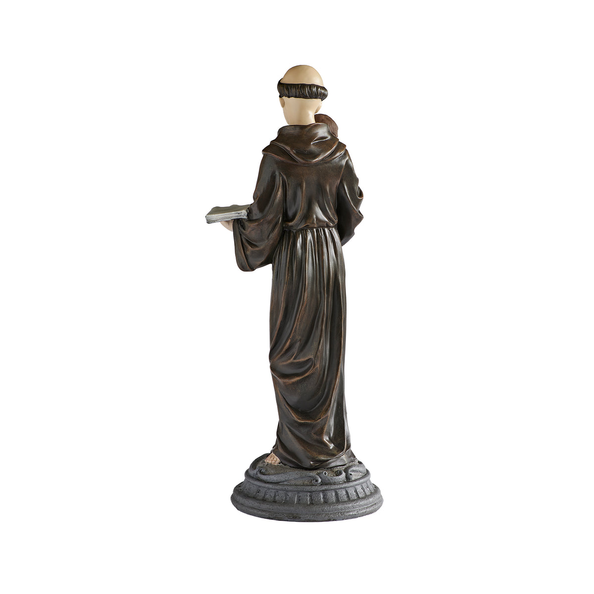 Back view of Distressed St. Anthony Figure showing the long Franciscan robes and distressed antique-style finish