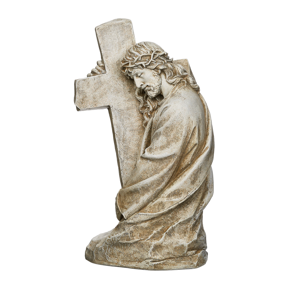Front angled view of Joseph's Studio Jesus Holding Cross Garden Statue showing Jesus beside the cross with draped robes and crown of thorns