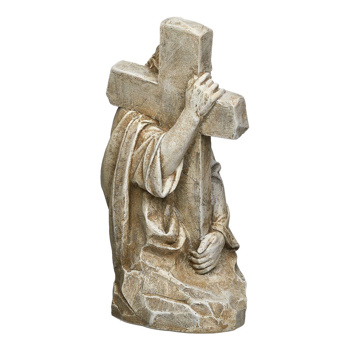 Back angled view of Joseph's Studio Jesus Holding Cross Garden Statue showing the cross behind Jesus and sculpted robe details
