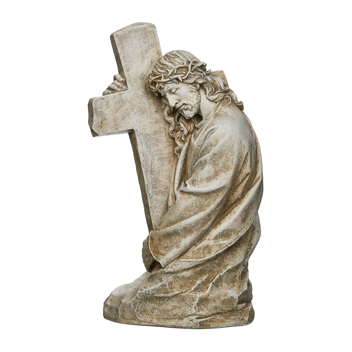 Opposite side view of Joseph's Studio Jesus Holding Cross Garden Statue showing Jesus leaning toward the cross with crown of thorns and flowing robe