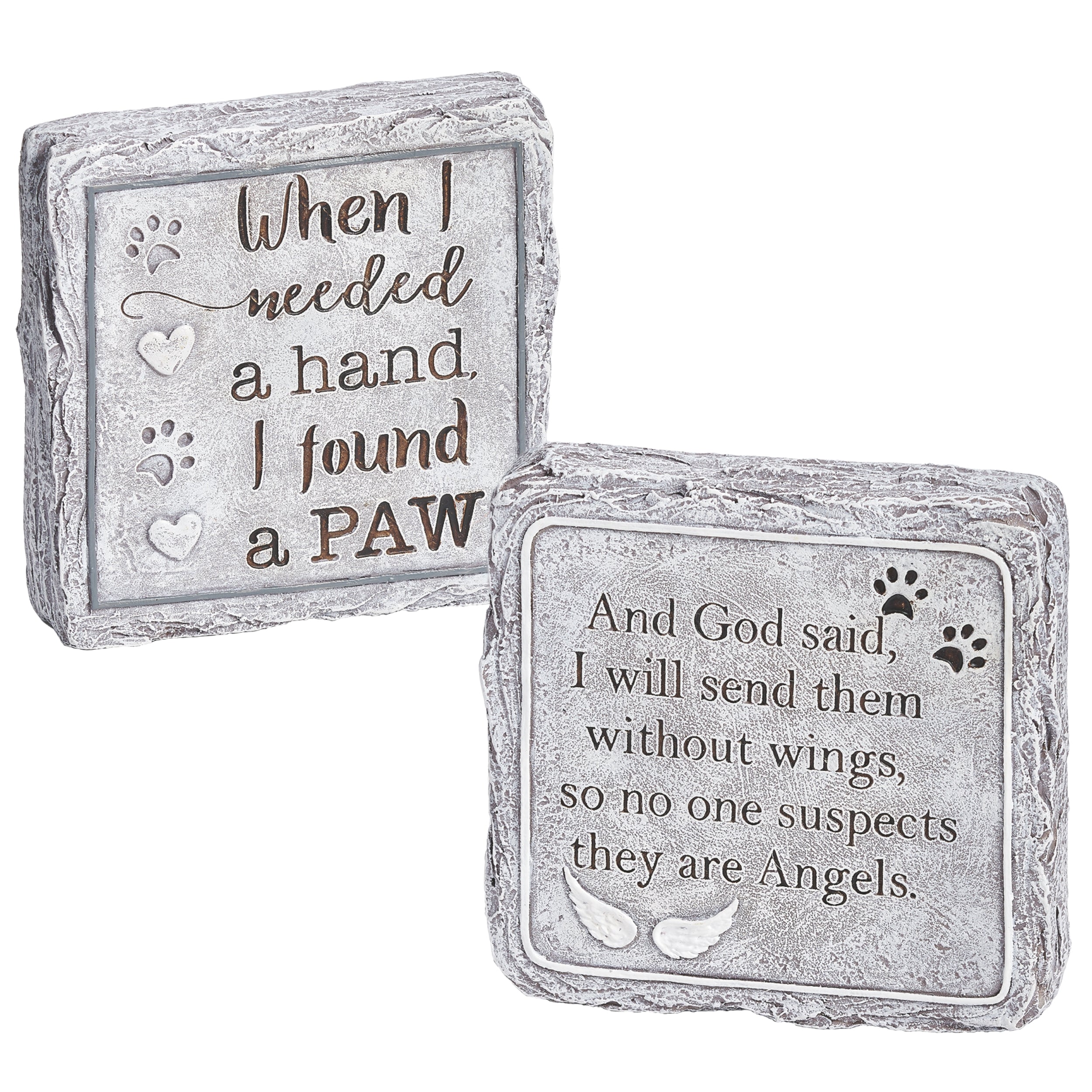 Two stone plaques with engraved text and paw prints on a white background