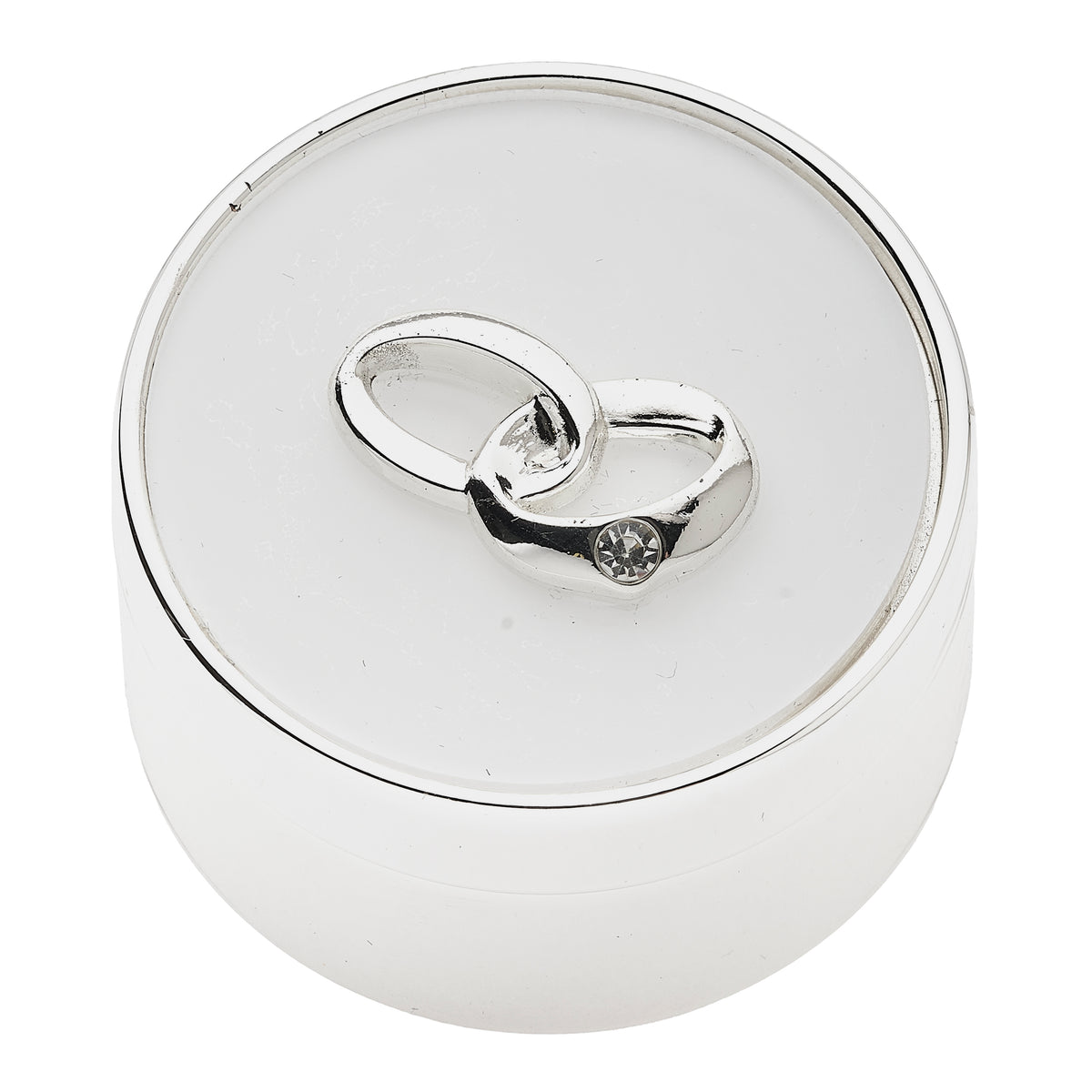 Closed silver-toned ring box showing the raised intertwined wedding rings on its lid.