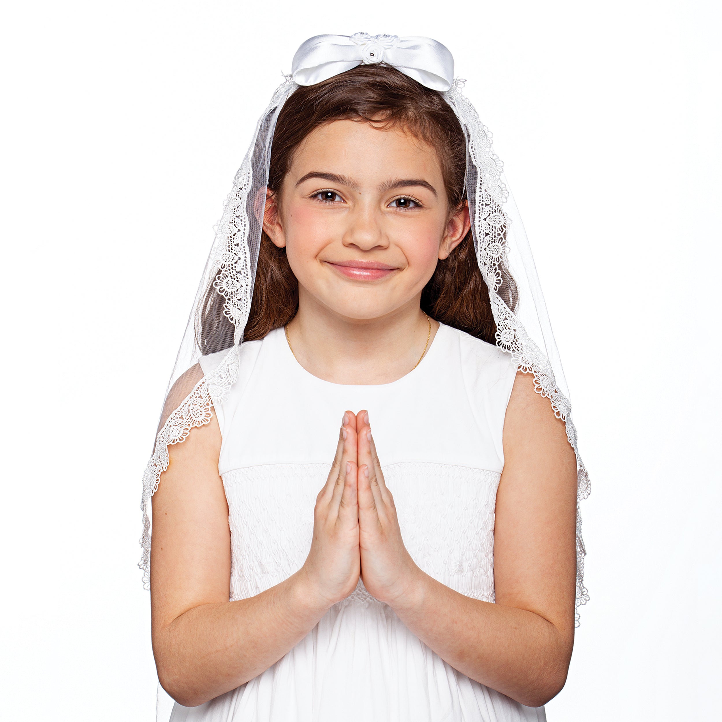 Sophia First Communion Veil with Satin Bow & Lace Trim