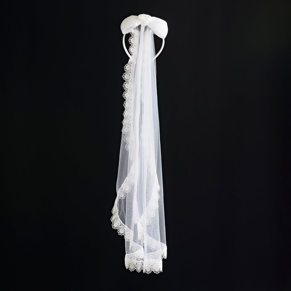 Sophia First Communion Veil with Satin Bow and Lace Trim displayed against a black background showing full veil length