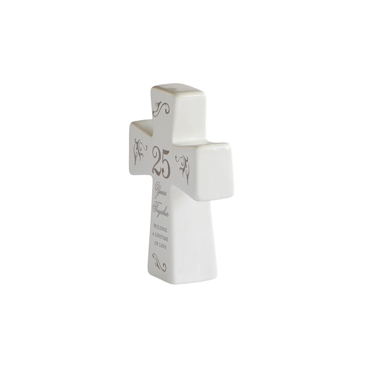 Angled front view of 25th anniversary tabletop cross showing silver-toned lettering and rounded edges.